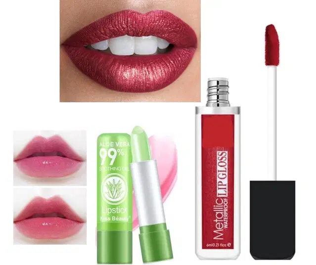 Combo of Metallic Waterproof Lip Gloss, 6 ml with Aloevera Lip Balm, Red, Set of 2