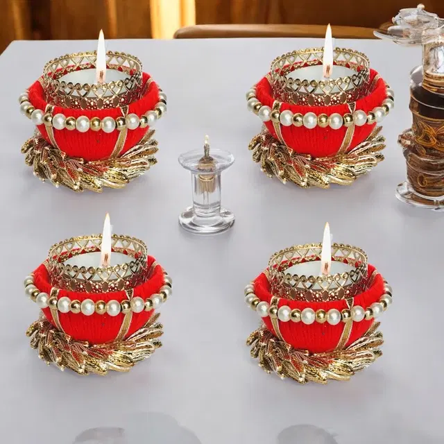 Metal Designer Tealight Candle Holder, Red, 6.5x6.5x4.5 cm, Pack of 4