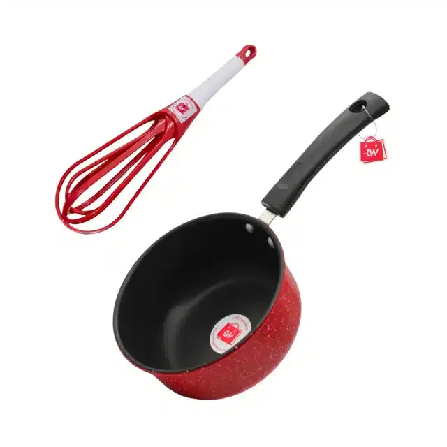 LAZYwindow Metal Nonstick Sauce Pan with Whisker, Pack of 2, Red, 1.5 L