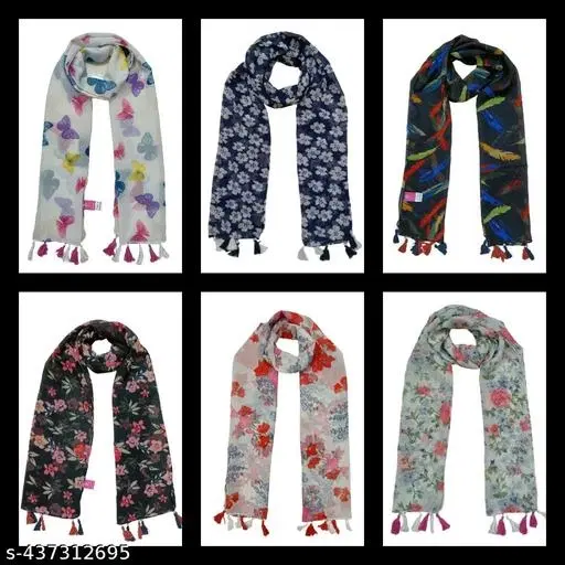 Poly Chiffon Printed Scarves for Women, Pack of 6 (Multicolor, 1.75 m)