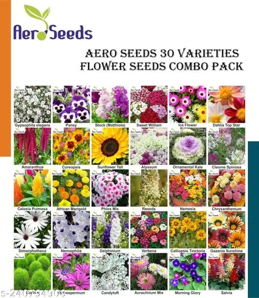 Aero Seeds 30 variety flower seeds combo pack with instruction manual.