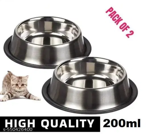 Round Shaped Double Bowl Food & Water Feeder 2-in-1 Bowl Steelness Steel Pet Bow ,200ml ,(Pack of 2)