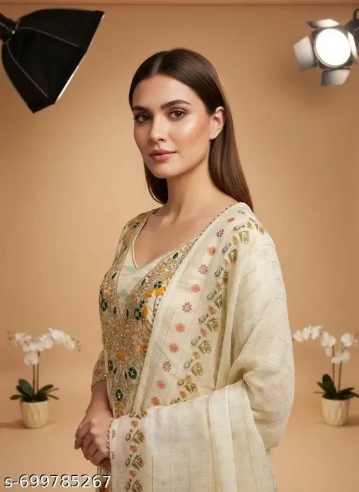 Bandhani Printed Jaipuri Designs Embroidered Top Bottom Duppata for Women (White, Un Stitched)