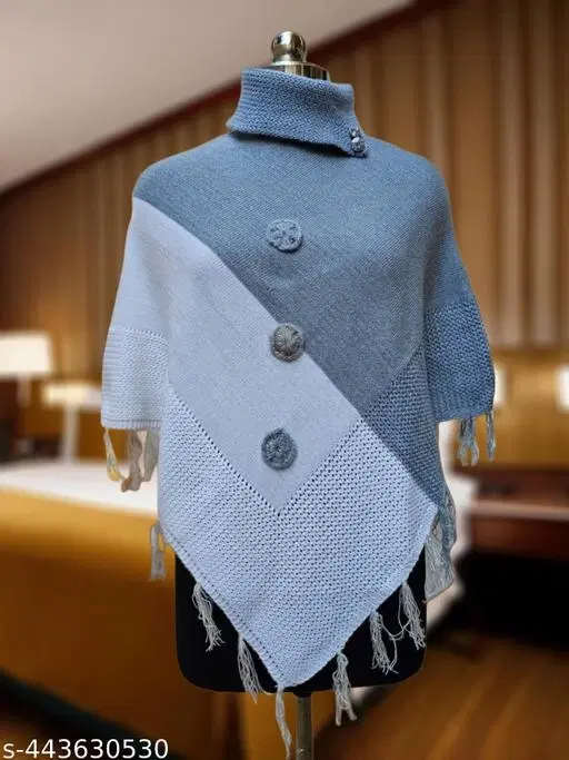 Woolen Poncho for Women (Grey & White, Free Size)