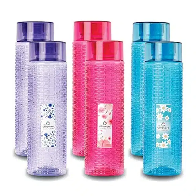 Airtight Plastic Water Bottle with Lid, Multicolor, 1000 ml, Pack of 6