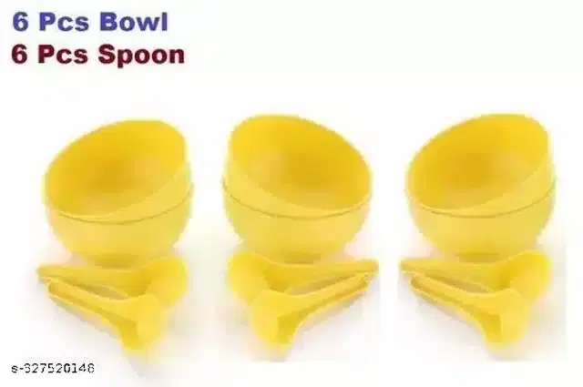 Plastic 6 Pcs Bowls, 250 ml with 6 Pcs Spoons, Yellow, Set of 2