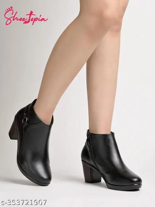 Shoetopia Solid Synthetic Block Heel Boots Black (IND-3)