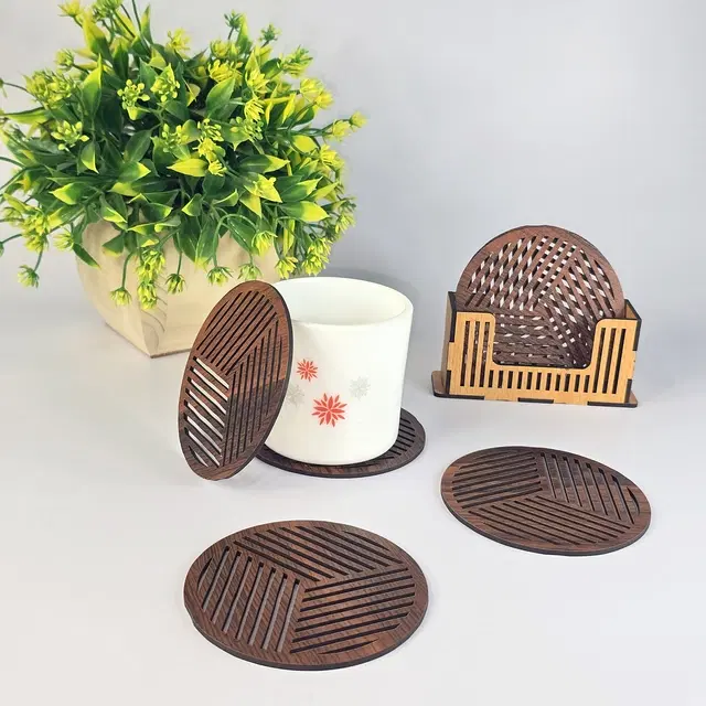 MDF Wooden 6 Pcs Coasters with Stand, Brown, Set of 1
