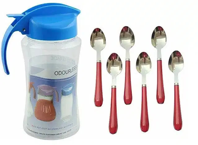 Plastic Leak Proof Oil Storage Container, 1000 ml with 6 Pcs Spoons, Multicolor, Set of 2