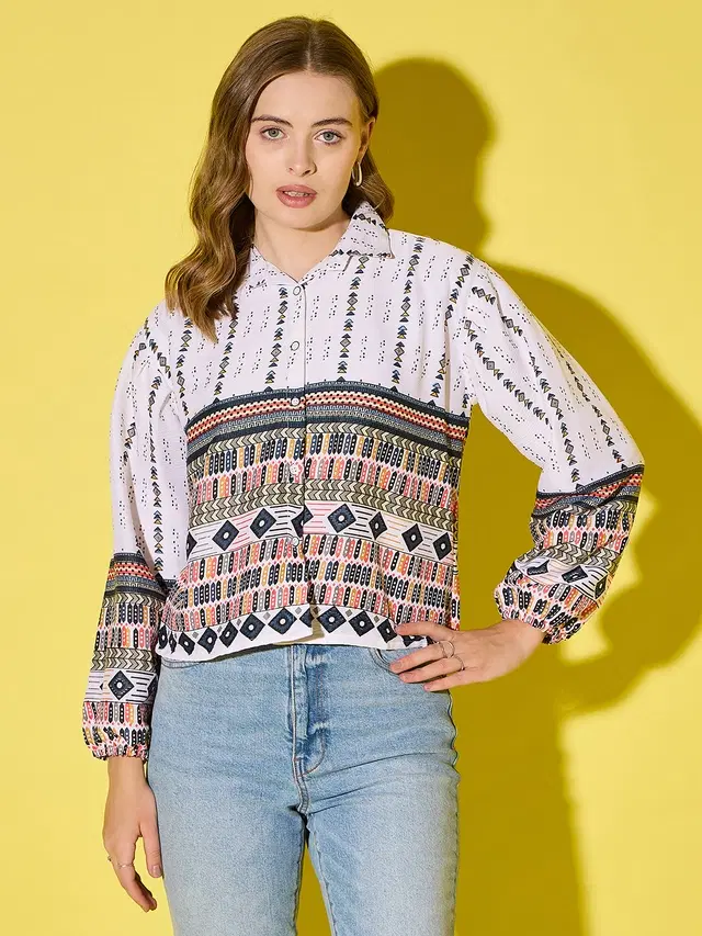 Polyester Printed Shirt for Women (Multicolor, M)