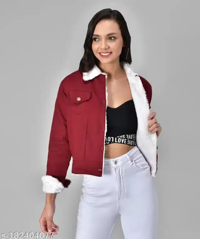 Denim Solid Full Sleeves Jacket for Girls (Maroon, 9-10 Years)