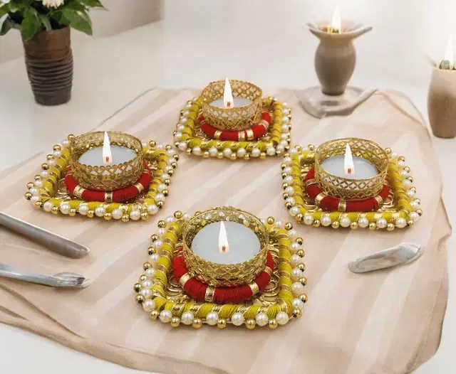 Metal Designer Tealight Candle Holder, Multicolor, 8x8x2.5 cm, Pack of 4