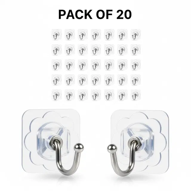 Plastic Wall Hooks, Transparent (Pack of 20)