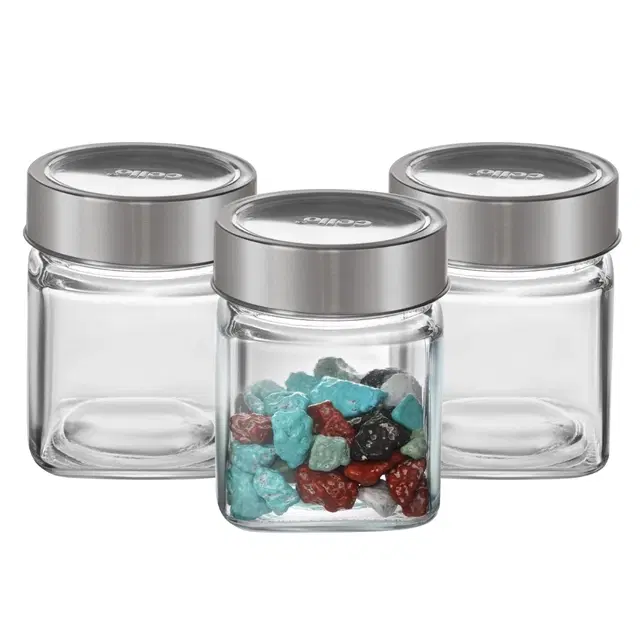 Cello Qube Fresh Glass Storage Jar With Lid, 180 ml | Set Of 3 | Airtight Lid | Microwave & Dishwasher Safe | Kitchen Container For Spices, Tea, Snacks, Pulses & Dry Fruits
