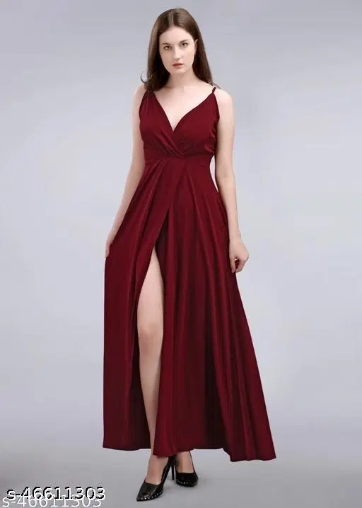Crepe Solid Dress for Women, Maroon (XS)