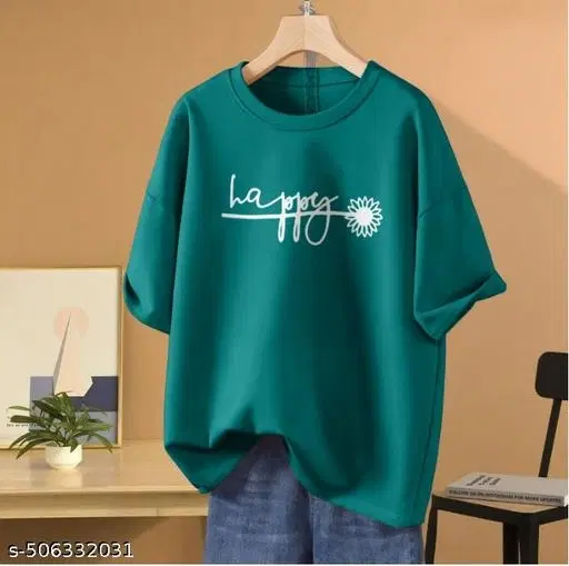 Cotton Blend Printed T-shirt for Women, Green (XXS)