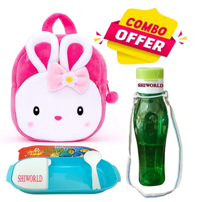 Combo of Fabric School Bag, Water Bottle with Lunch Box for Kids, Multicolor, Set of 3