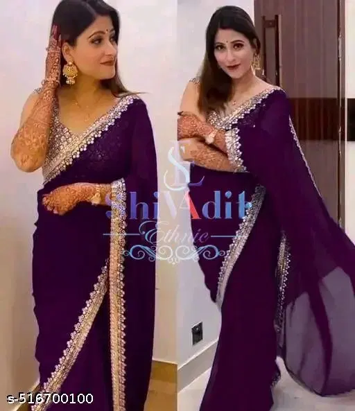 Georgette Embellished Saree For Women, Purple