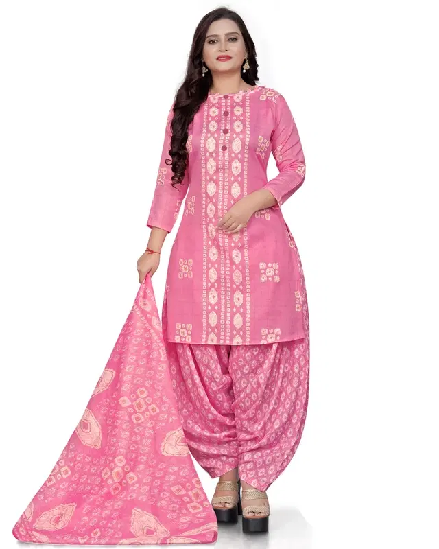 Cotton Blend Printed Unstitched Suit with Dupatta for Women, Pink