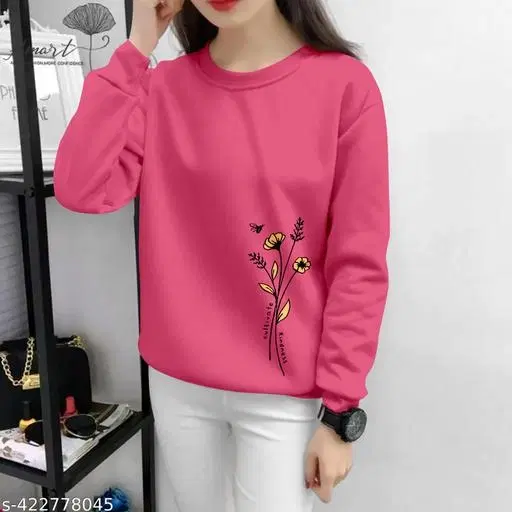 Cotton Blend Printed Sweatshirt for Women (Dark Pink, M)