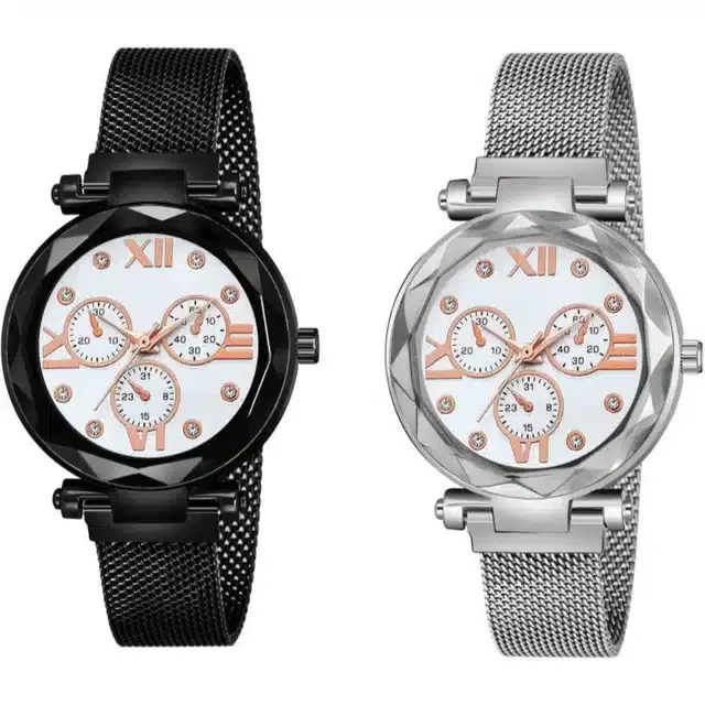 Women's Analog Watches, Pack of 2 (Black & Silver)