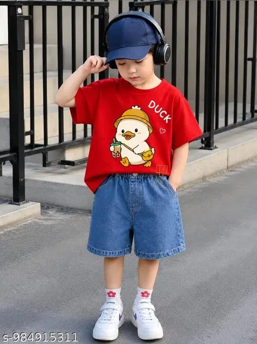 Duck Print Cotton T-Shirt & Denim Shorts Set for Kids (Red, 9-12 Months)