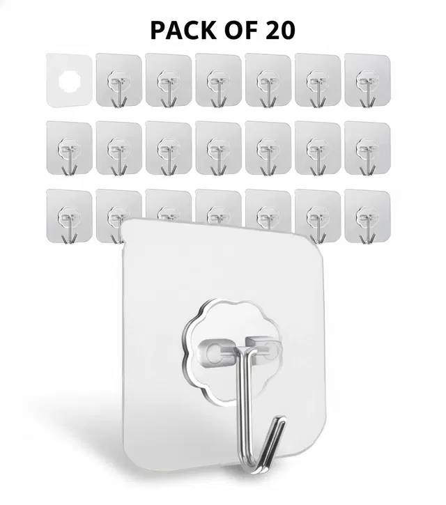 Plastic Wall Hooks, Transparent (Pack of 20)