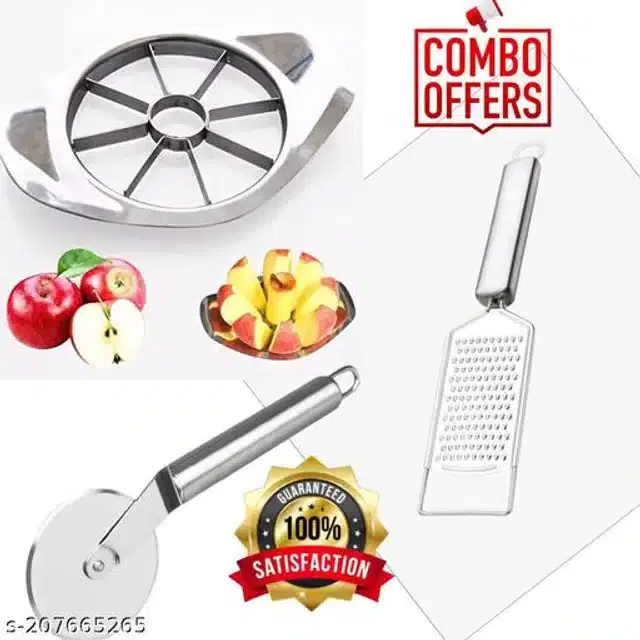 Stainless Steel Pizza Cutter with Cheese Grater & Fruits Slicer, Silver, Set of 3