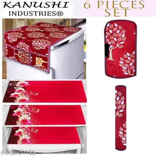 KANUSHI Industries® 1Pc Fridge Cover for Top with 6 Utility Pockets + 2 Handles Covers + 3 Fridge Mats (FRI-MAROON-TREE+2-HANDLE+M-23-03)