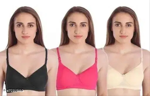 Cotton Solid Bra for Women & Girls, Multicolour, Pack of 3 (36A)