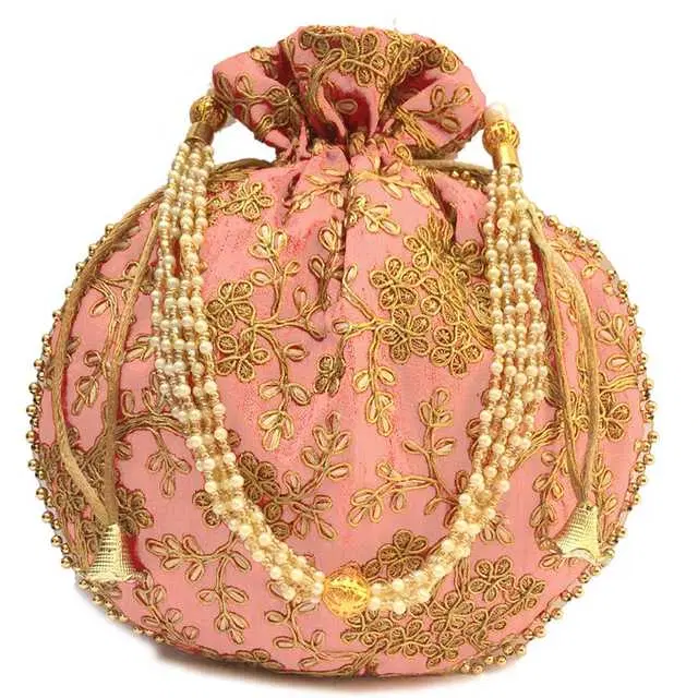 Cotton Silk Ethnic & Traditional Handheld Potli for Women, Baby Pink, A-27