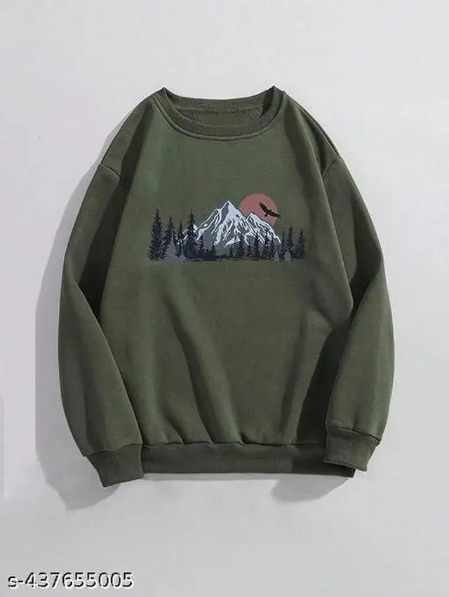 Cotton Blend Printed Sweatshirt for Women (Olive, S)