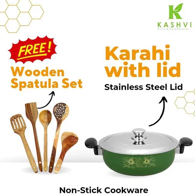 Cast Iron Kadai with 5 Pcs Spatula Set, Multicolor, Set of 2