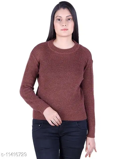 Acrylic Solid Sweater for Women (Brown, XL)