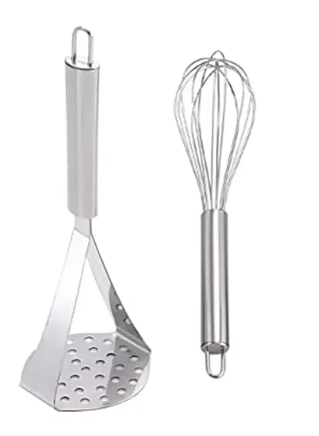 Stainless Steel Whisk with Masher, Silver, Set of 2