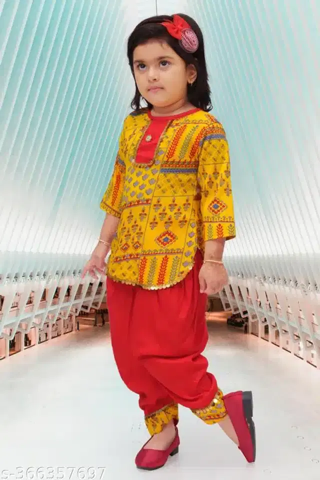 Cotton Linen Clothing Set for Girls (Yellow & Red, 5-6 Years)