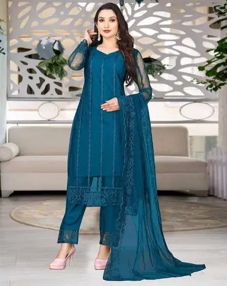 Net Solid Kurta Set with Dupatta for Women (Teal, XS)