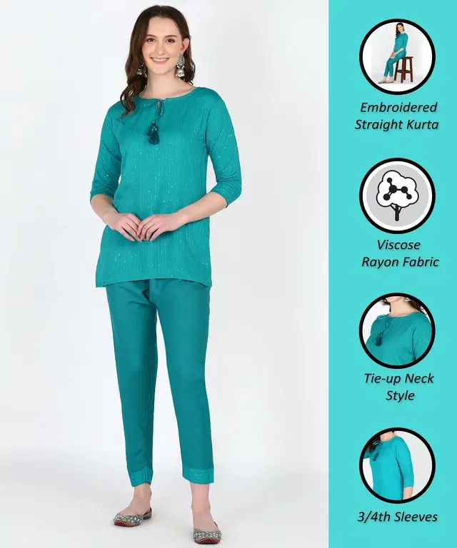 Rayon Embellished Top & Bottom Set for Women (Sky Blue, S)