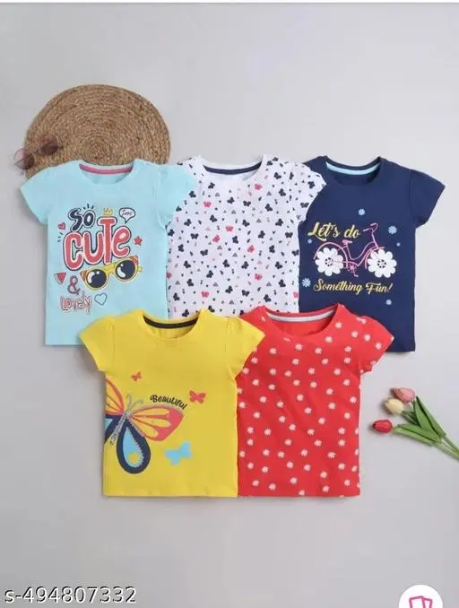 Hosiery Cotton Printed T-Shirt for Kids, Multicolor, Pack of 5 (0-2 Months)