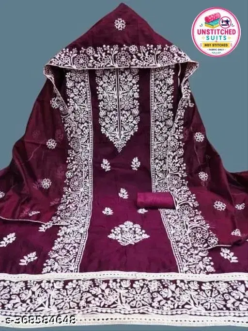 Chanderi Cotton Embroidered Punjabi/All Over Suits for Women (Purple, Un Stitched)