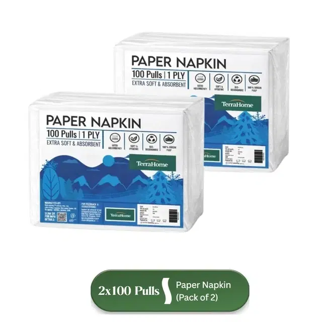 TerraHome Large Tissue Paper Napkins, 1 Ply, 27x30cm [2x100 Pieces] (Pack of 2)