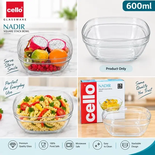 Cello Nadir Square Glass Stackable Bowl, 600 ml | Pack Of 1 | Space-Saving Stackable Design | Microwave Safe | Serve & Store