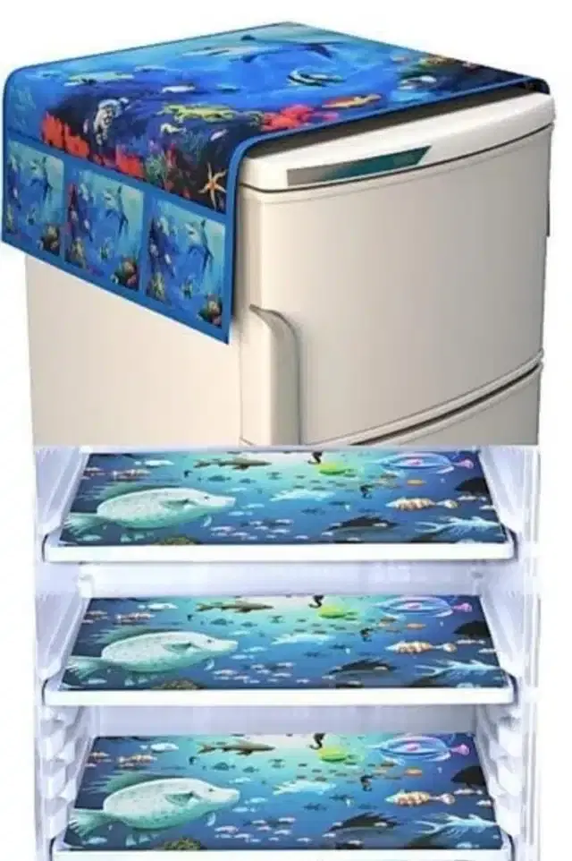 Digital Printed Fridge Cover 3 Pcs Mat with Top Cover, Blue, Set of 1