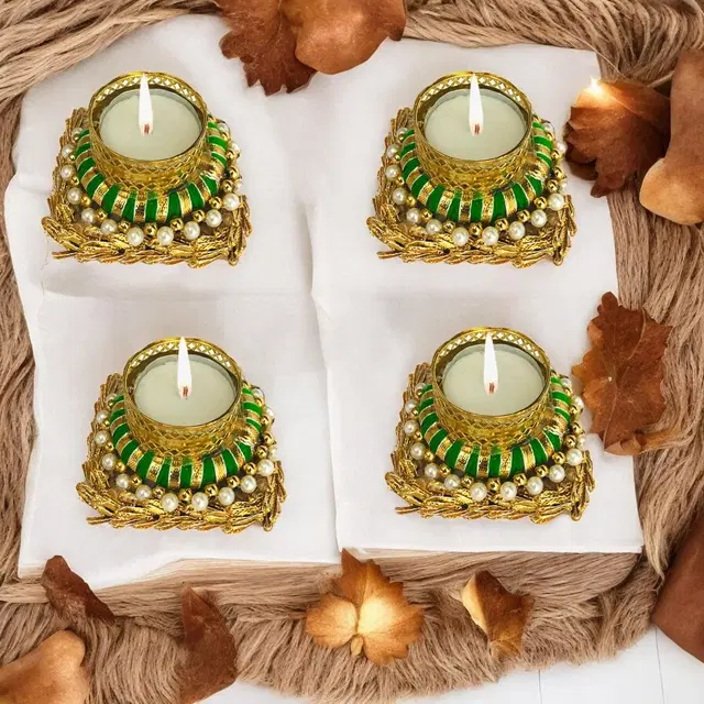 Metal Designer Tealight Candle Holder, Green, 9.5x9.5x4 cm, Pack of 4