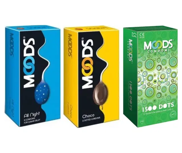 Moods 1500 Dots with Choco & All Night 12 Pcs Dotted Condoms for Men, Set of 3
