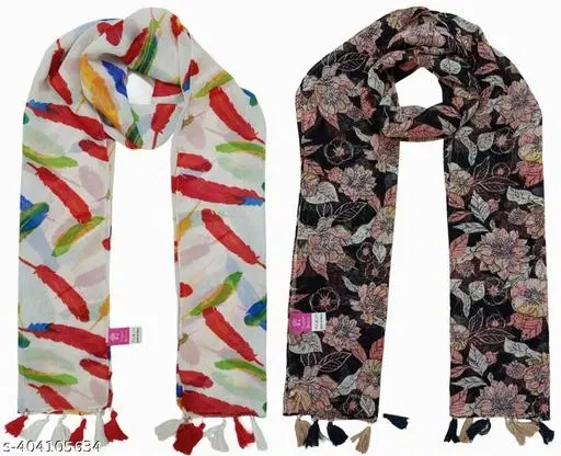 Poly Chiffon Printed Scarves for Women, Pack of 2 (Multicolor, 1.75 m)