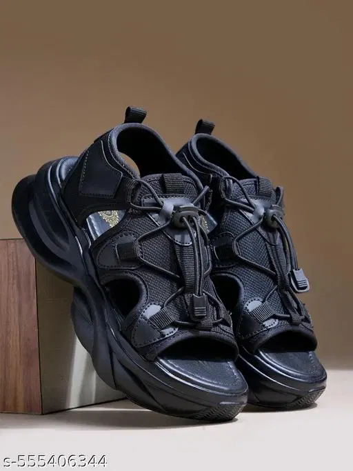 Shoetopia Solid Mesh Platform Sandals (Black, 4.0)