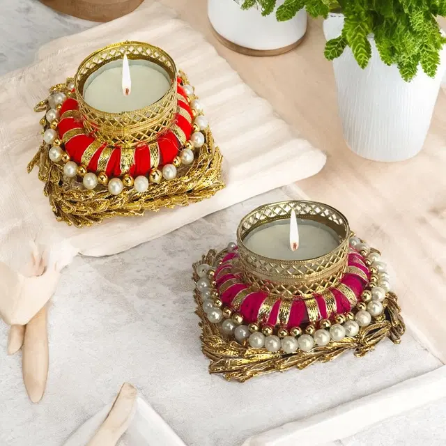 Metal Designer Tealight Candle Holder, Multicolor, 9.5x9.5x4 cm, Pack of 2