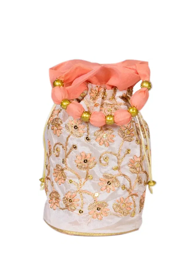 Silk Floral Ethnic Rajasthani Traditional Work Potli with Handle for Return Gifts, Orange