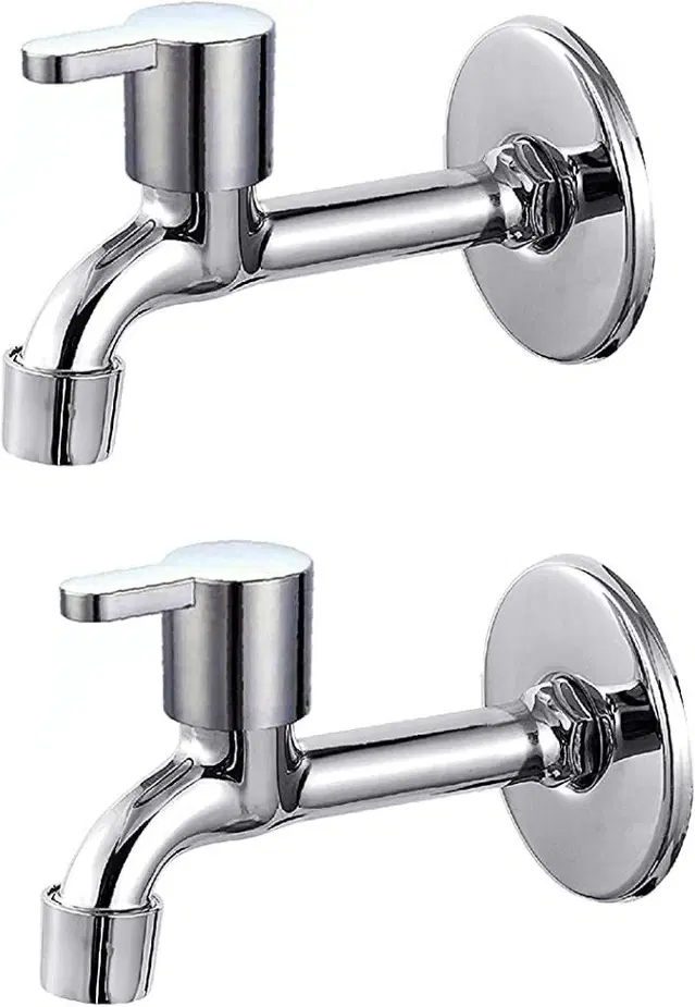 Stainless Steel Long Body Bib Cock Tap with Wall Flange, Silver, Set of 2